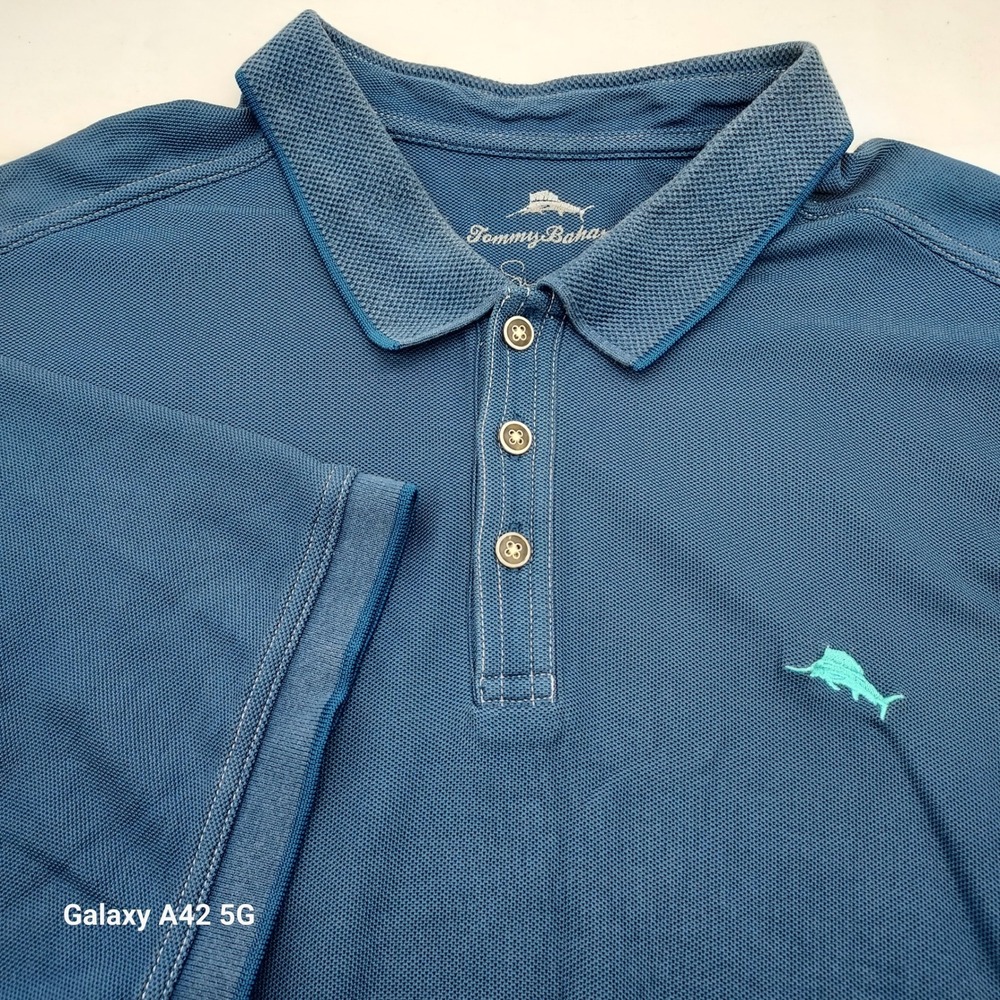 Tommy Bahama Mens 2XL Emfielder Polo Shirt Blue Supima Cotton Blend Marlin Logo